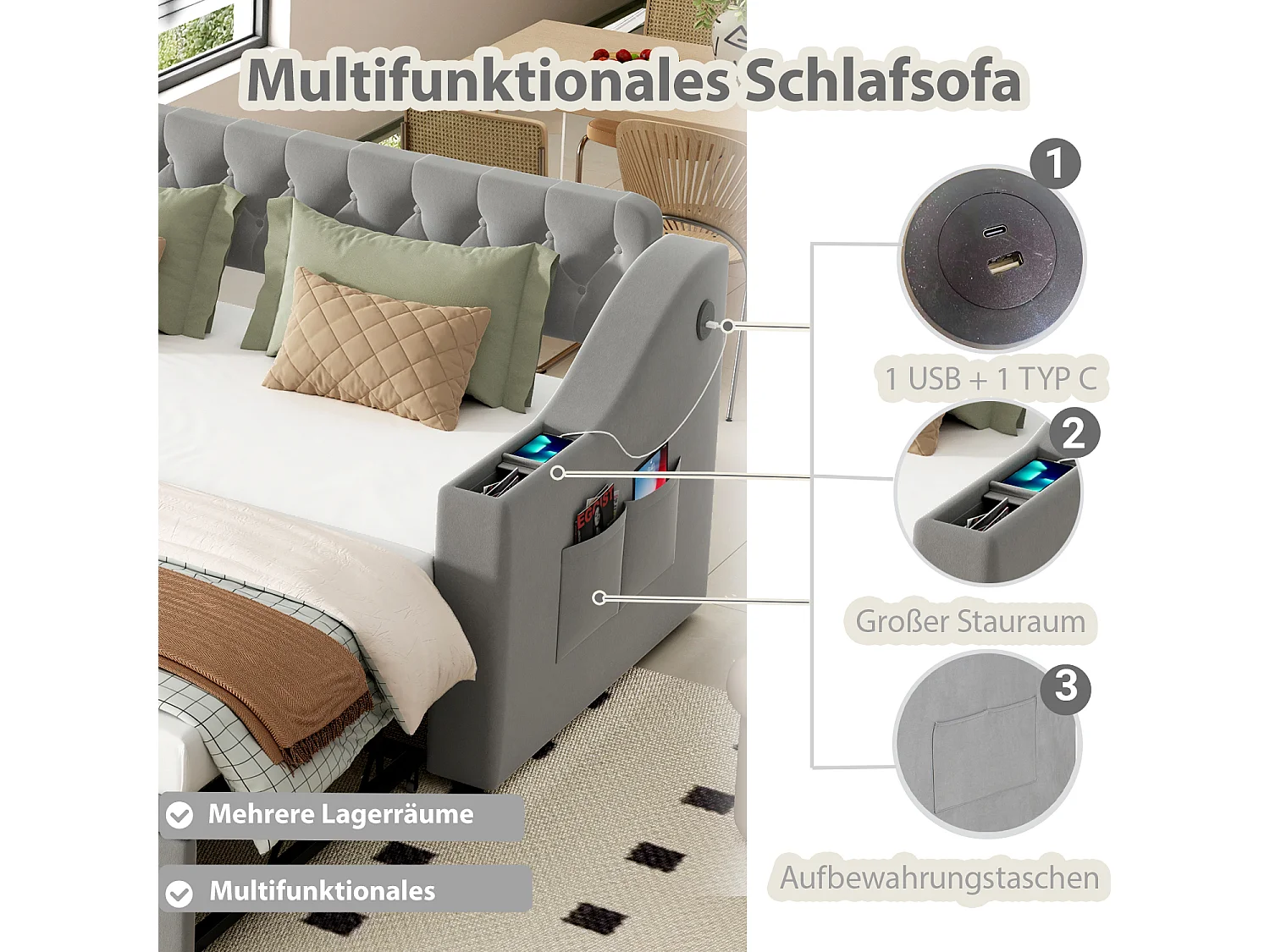 Slaapbank 90/180x190 cm in grijs fluweel – Brede armleuningen met USB-aansluiting, geïntegreerde opbergruimte en zakken