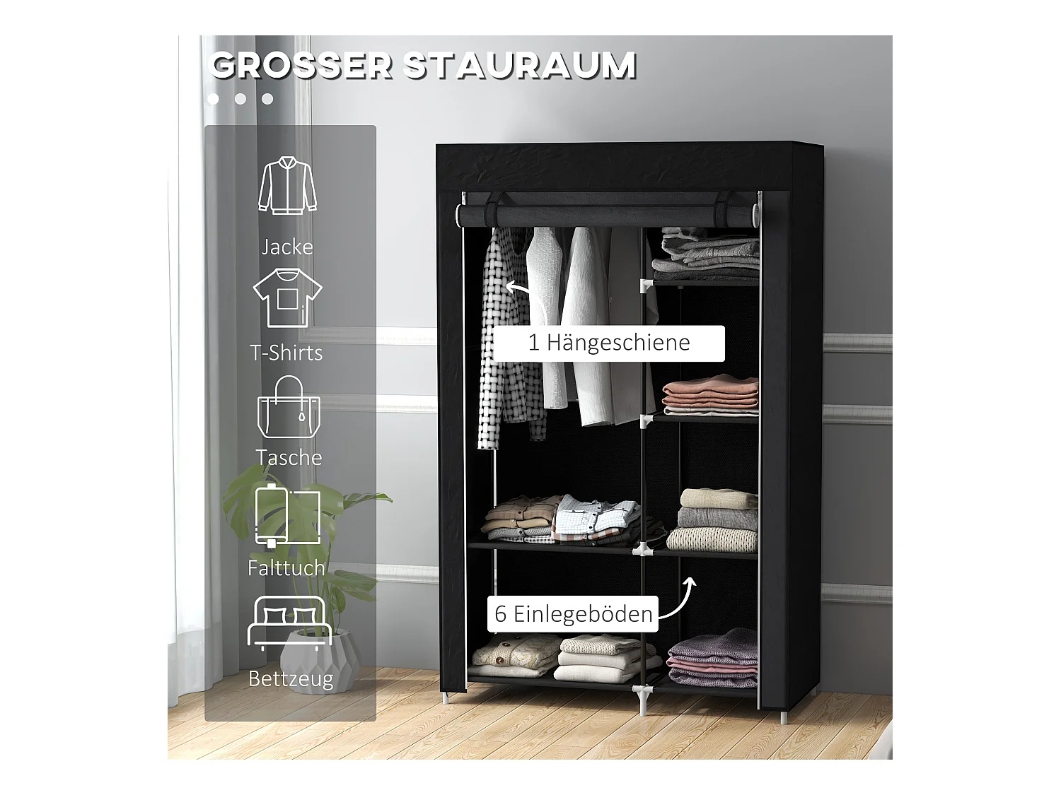 Armoire pliante en tissu noir avec 6 compartiments – 103 x 43 x 162,5 cm, pratique et gain de place pour chambre ou couloir