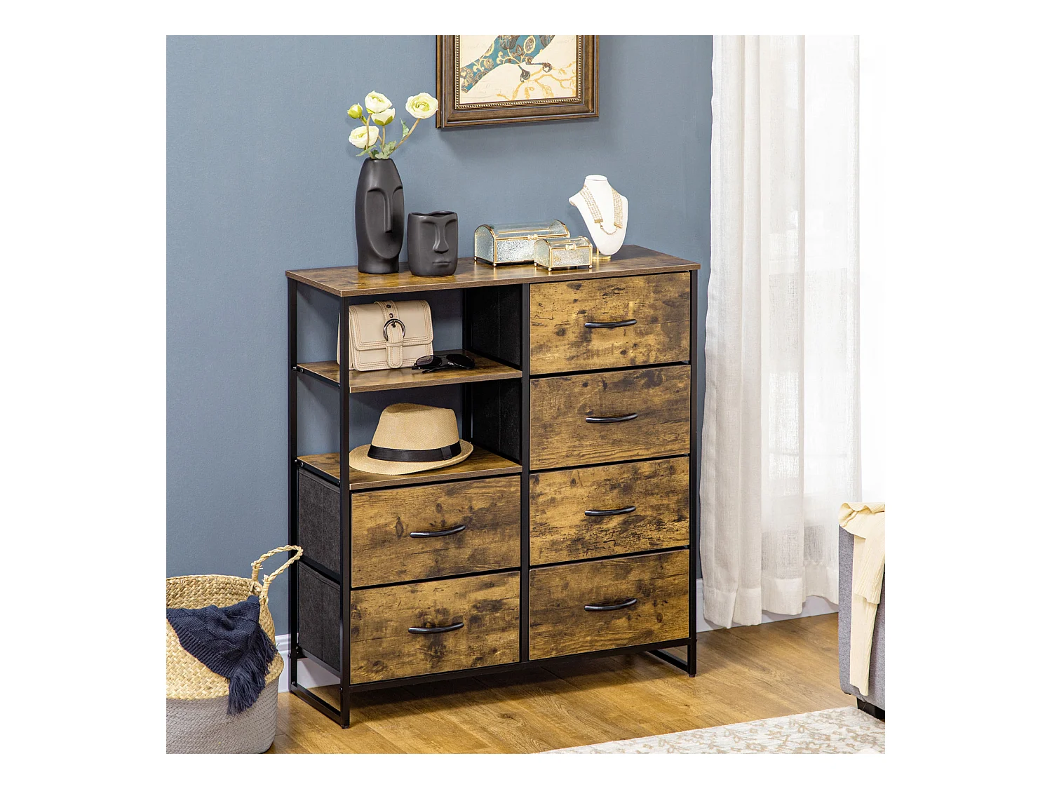 Commode/Sideboard avec 6 tiroirs en tissu pliables et 2 étagères, brun rustique, pratique pour salon et chambre