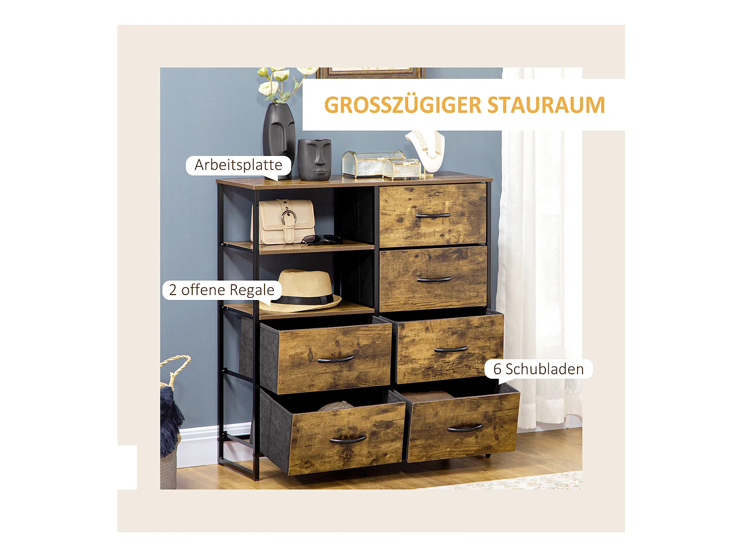 Commode/Sideboard avec 6 tiroirs en tissu pliables et 2 étagères, brun rustique, pratique pour salon et chambre