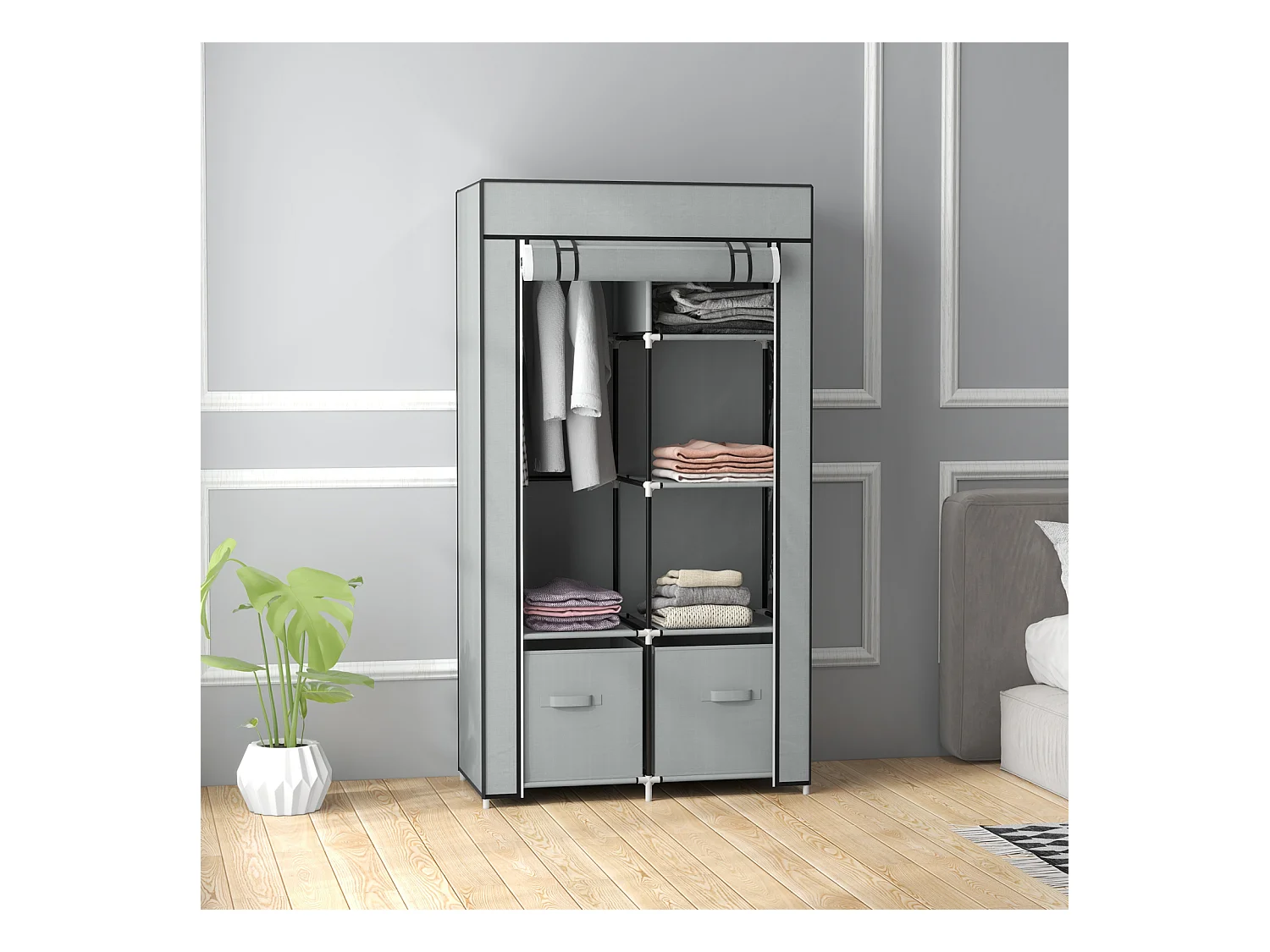 Armoire pliante en tissu gris clair – 5 compartiments avec tringle à vêtements et fermeture éclair, pratique et gain de place