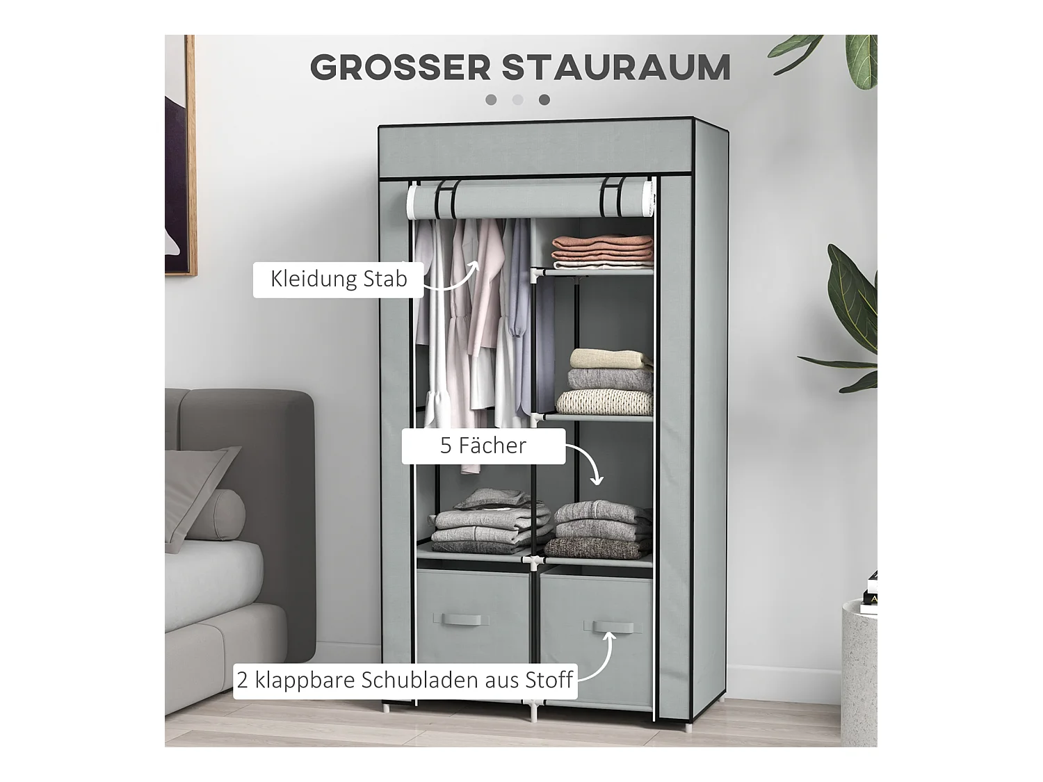 Armoire pliante en tissu gris clair – 5 compartiments avec tringle à vêtements et fermeture éclair, pratique et gain de place