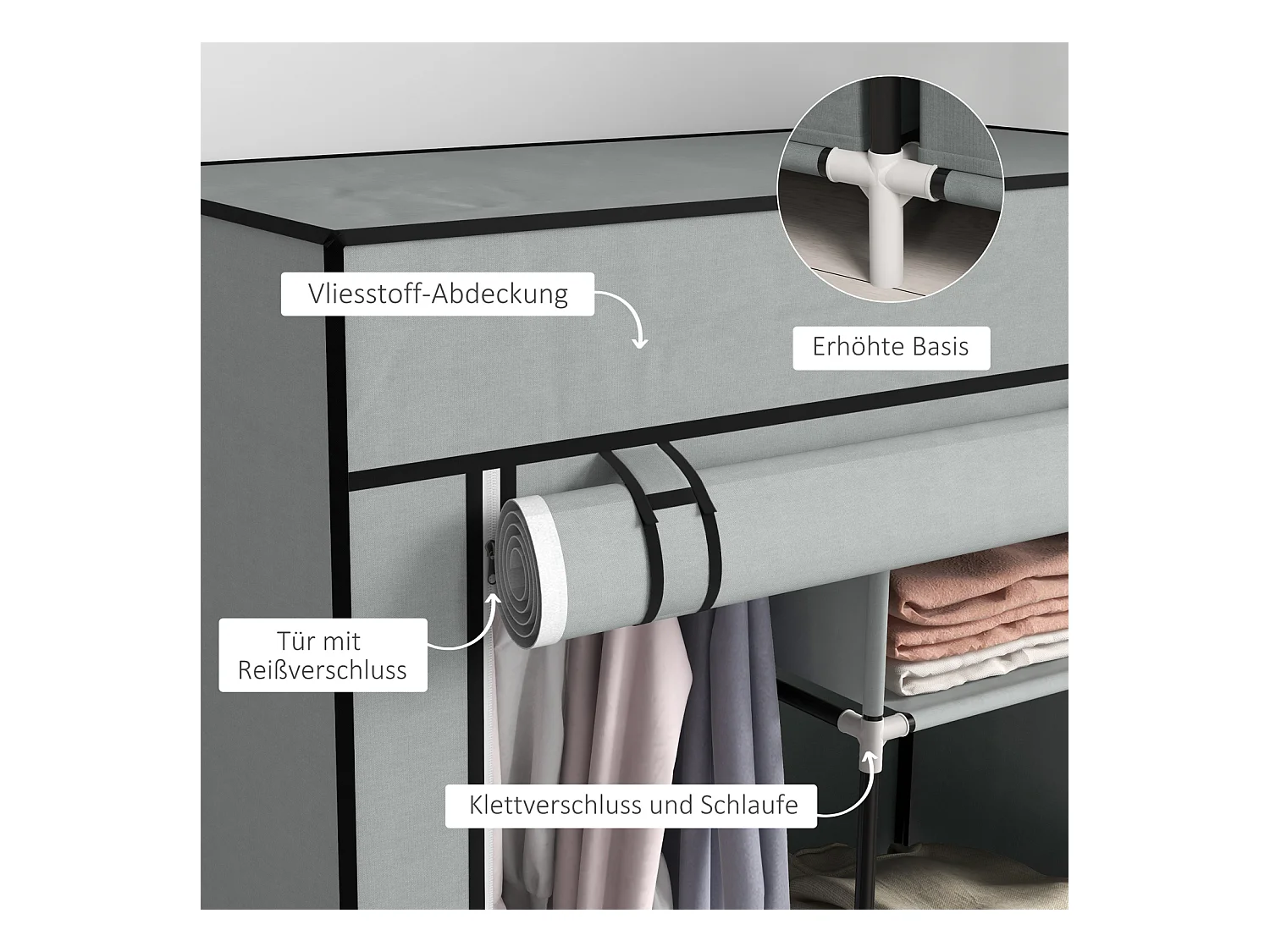 Armoire pliante en tissu gris clair – 5 compartiments avec tringle à vêtements et fermeture éclair, pratique et gain de place