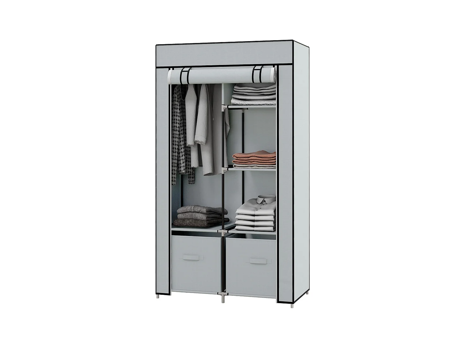 Armoire pliante en tissu gris clair – 5 compartiments avec tringle à vêtements et fermeture éclair, pratique et gain de place