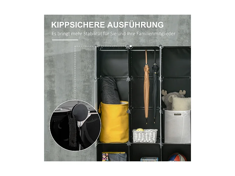 Système modulable DIY avec 16 compartiments et 2 tringles – Meuble de rangement pour vêtements et chaussures, noir, 145 x 46 x 162 cm