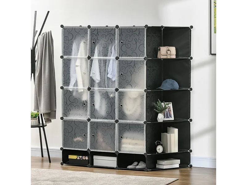 DIY modulair systeem met 16 vakken en 2 stangen – Opbergmeubel voor kleding en schoenen, zwart, 145 x 46 x 162 cm