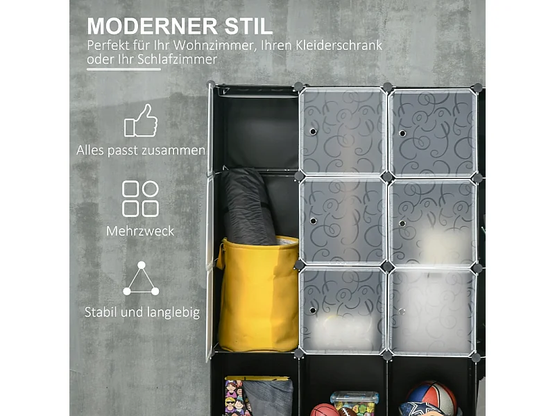 DIY modulair systeem met 16 vakken en 2 stangen – Opbergmeubel voor kleding en schoenen, zwart, 145 x 46 x 162 cm