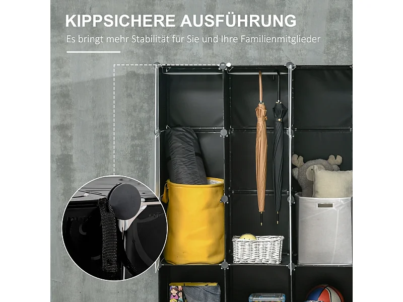 DIY modulair systeem met 16 vakken en 2 stangen – Opbergmeubel voor kleding en schoenen, zwart, 145 x 46 x 162 cm