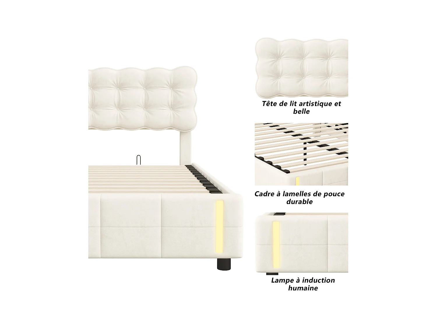 Lit coffre 140x190 cm, lit double en velours beige, sommier à vérins, grand espace de rangement, tête rembourrée, lumière LED, design moderne