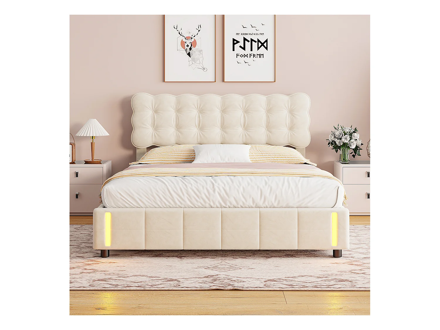 Cama-cama com gavetão em veludo bege 140x190 cm, cama de casal, estrado de ripas, amplo espaço de arrumação, cabeceira estofada, iluminação LED, design moderno