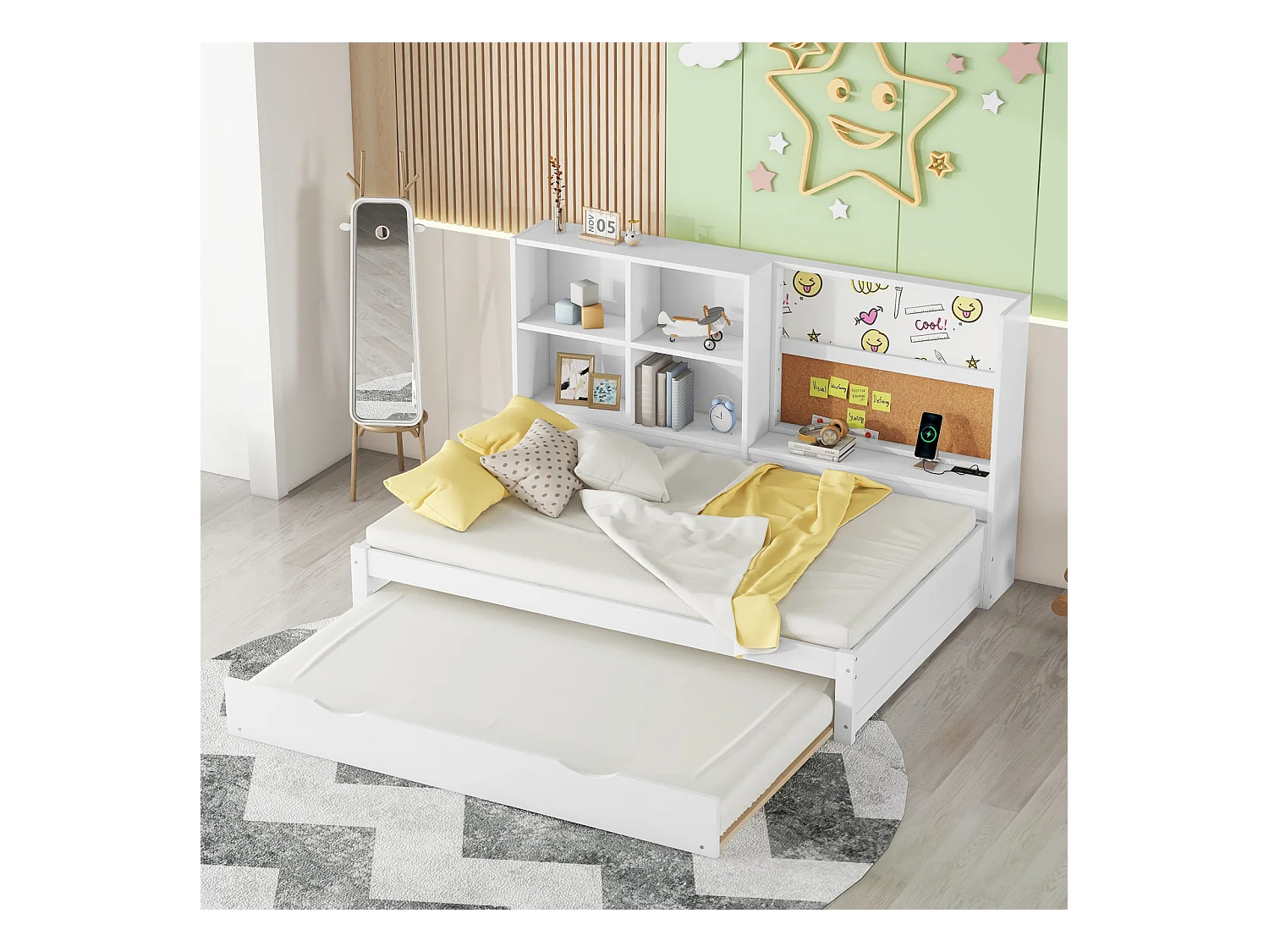 Witte slaapbank 90x200 cm met uitschuifbaar bed, USB-aansluiting, dienblad en diverse opbergruimtes