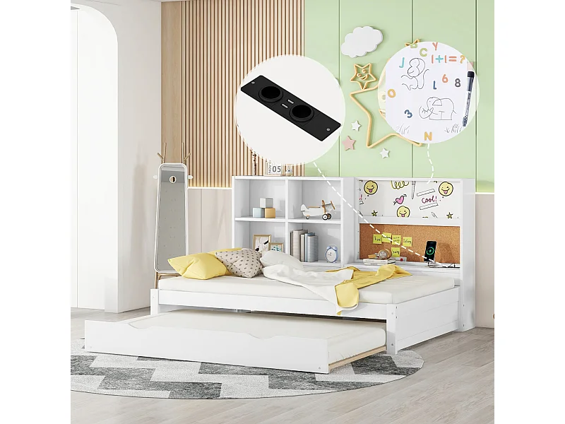 Weißes Schlafsofa 90x200 cm mit Ausziehbett, USB-Anschluss, Tablett und mehreren Ablagemöglichkeiten