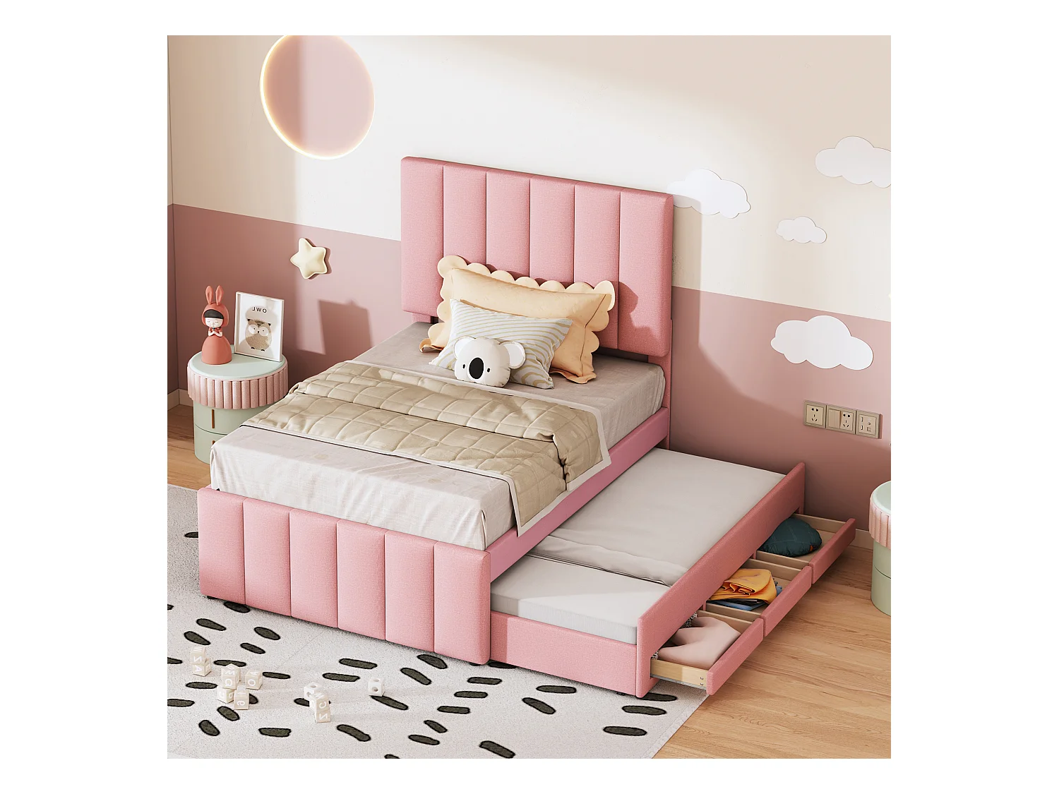 Lit enfant 90x200 cm en tissu rose avec lit gigogne et tiroirs – Revêtement doux, lit simple multifonction