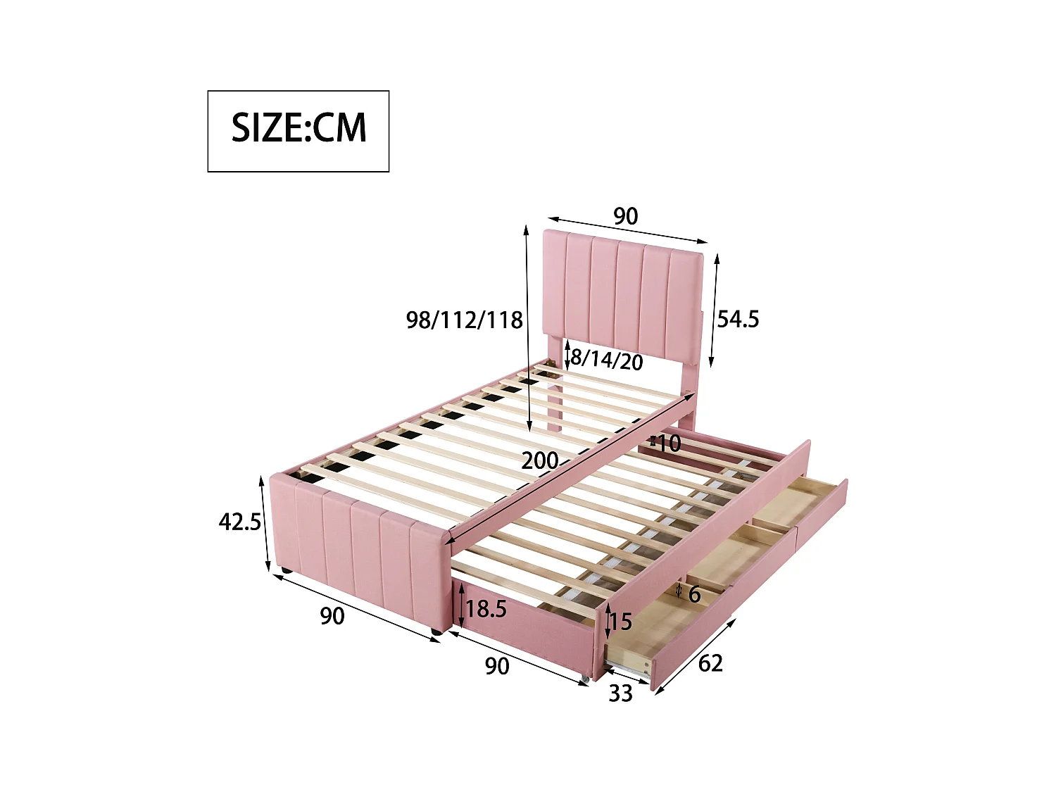 Lit enfant 90x200 cm en tissu rose avec lit gigogne et tiroirs – Revêtement doux, lit simple multifonction