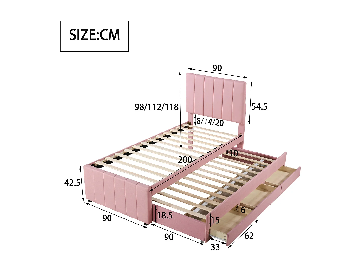 Kinderbed 90x200 cm in roze stof met uitschuifbed en lades - Zachte bekleding, multifunctioneel eenpersoonsbed