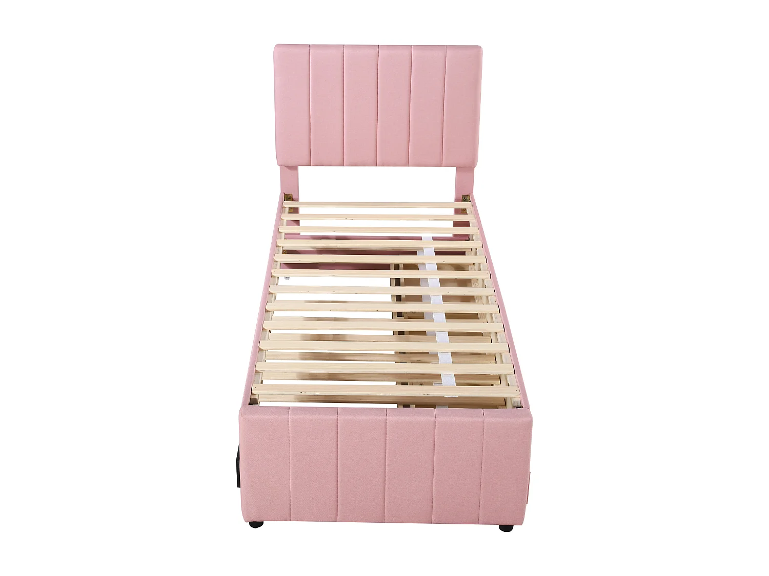 Kinderbed 90x200 cm in roze stof met uitschuifbed en lades - Zachte bekleding, multifunctioneel eenpersoonsbed