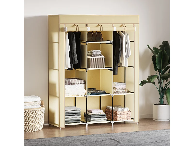 Guarda-roupa dobrável de tecido bege com 8 prateleiras e cabideiros, 125 x 43 x 162,5 cm, prático e economizador de espaço para quarto ou corredor