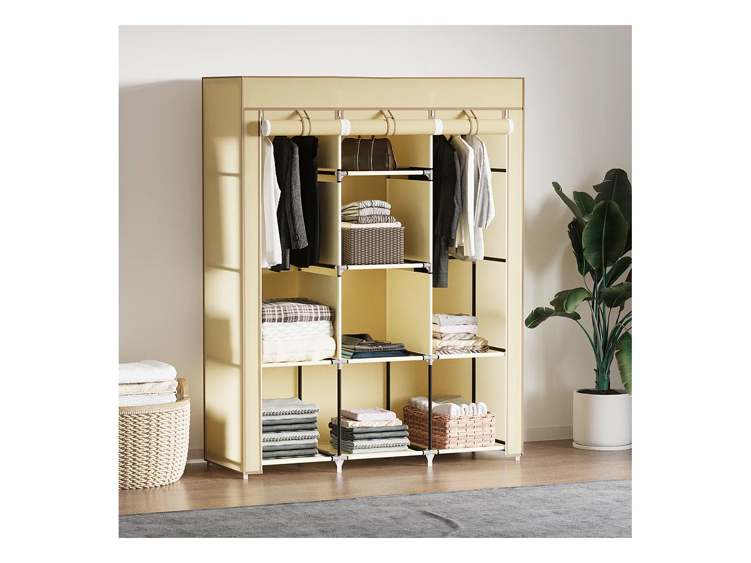 Armoire pliante en tissu beige avec 8 étagères et tringles à vêtements, 125 x 43 x 162,5 cm, pratique et gain de place pour chambre ou couloir