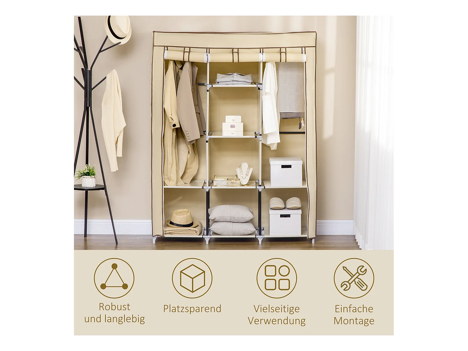 Armoire pliante en tissu beige avec 8 étagères et tringles à vêtements, 125 x 43 x 162,5 cm, pratique et gain de place pour chambre ou couloir