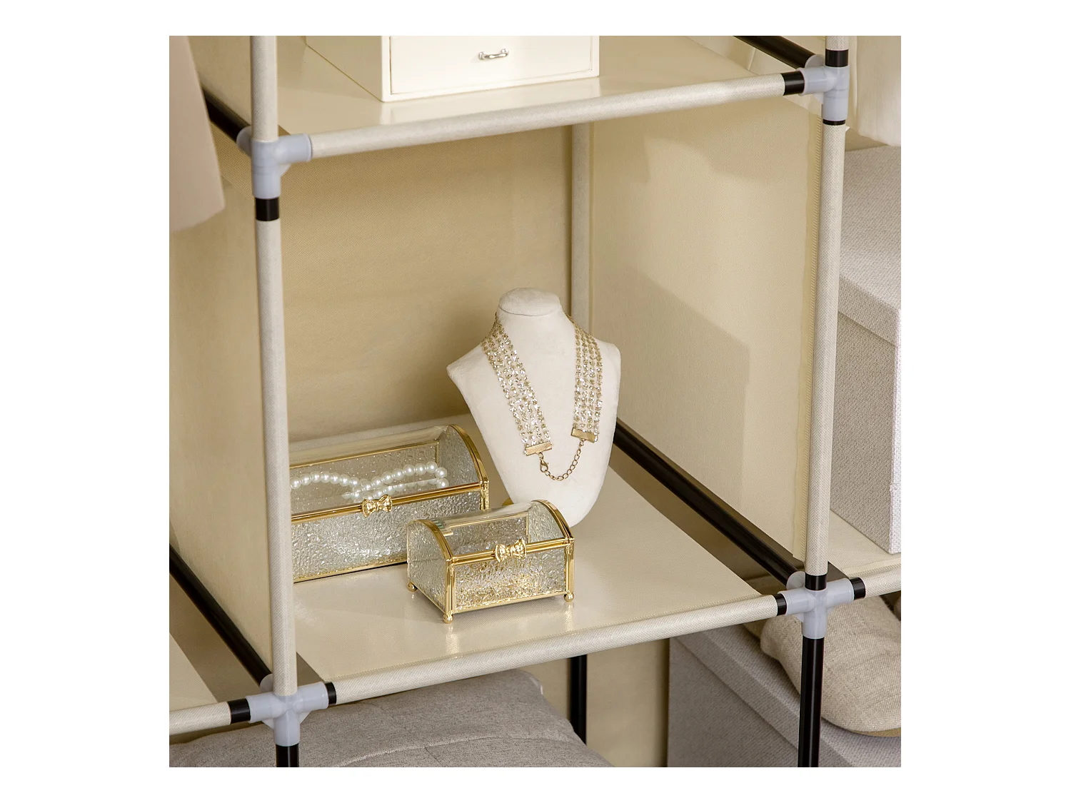 Armoire pliante en tissu beige avec 8 étagères et tringles à vêtements, 125 x 43 x 162,5 cm, pratique et gain de place pour chambre ou couloir