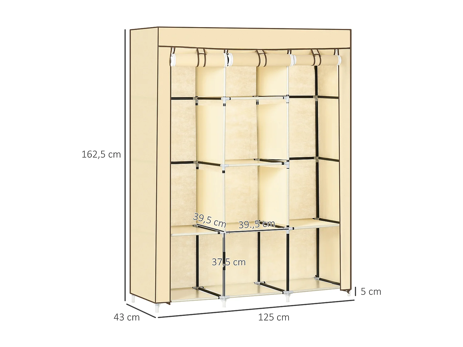 Armoire pliante en tissu beige avec 8 étagères et tringles à vêtements, 125 x 43 x 162,5 cm, pratique et gain de place pour chambre ou couloir
