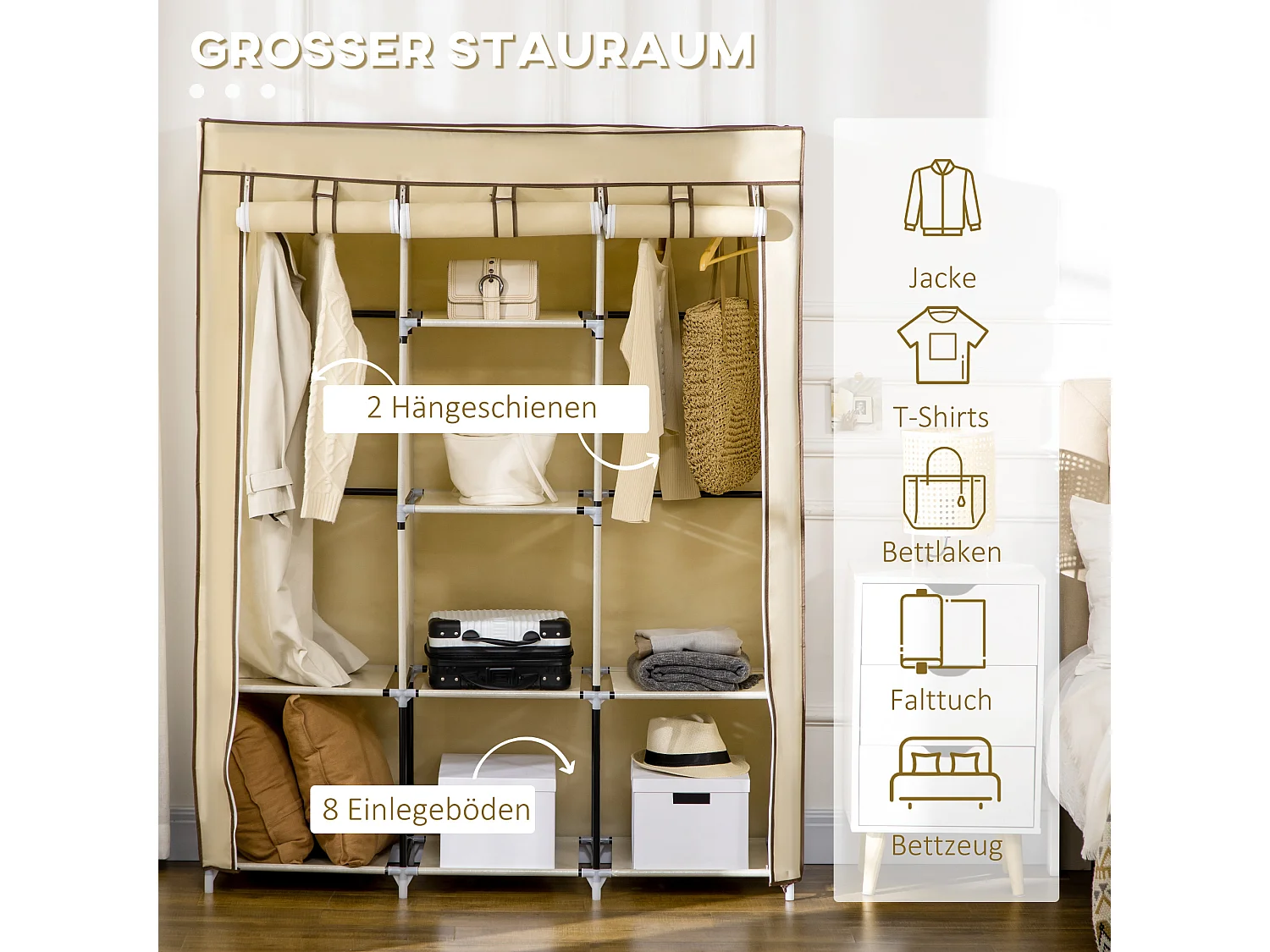 Armoire pliante en tissu beige avec 8 étagères et tringles à vêtements, 125 x 43 x 162,5 cm, pratique et gain de place pour chambre ou couloir