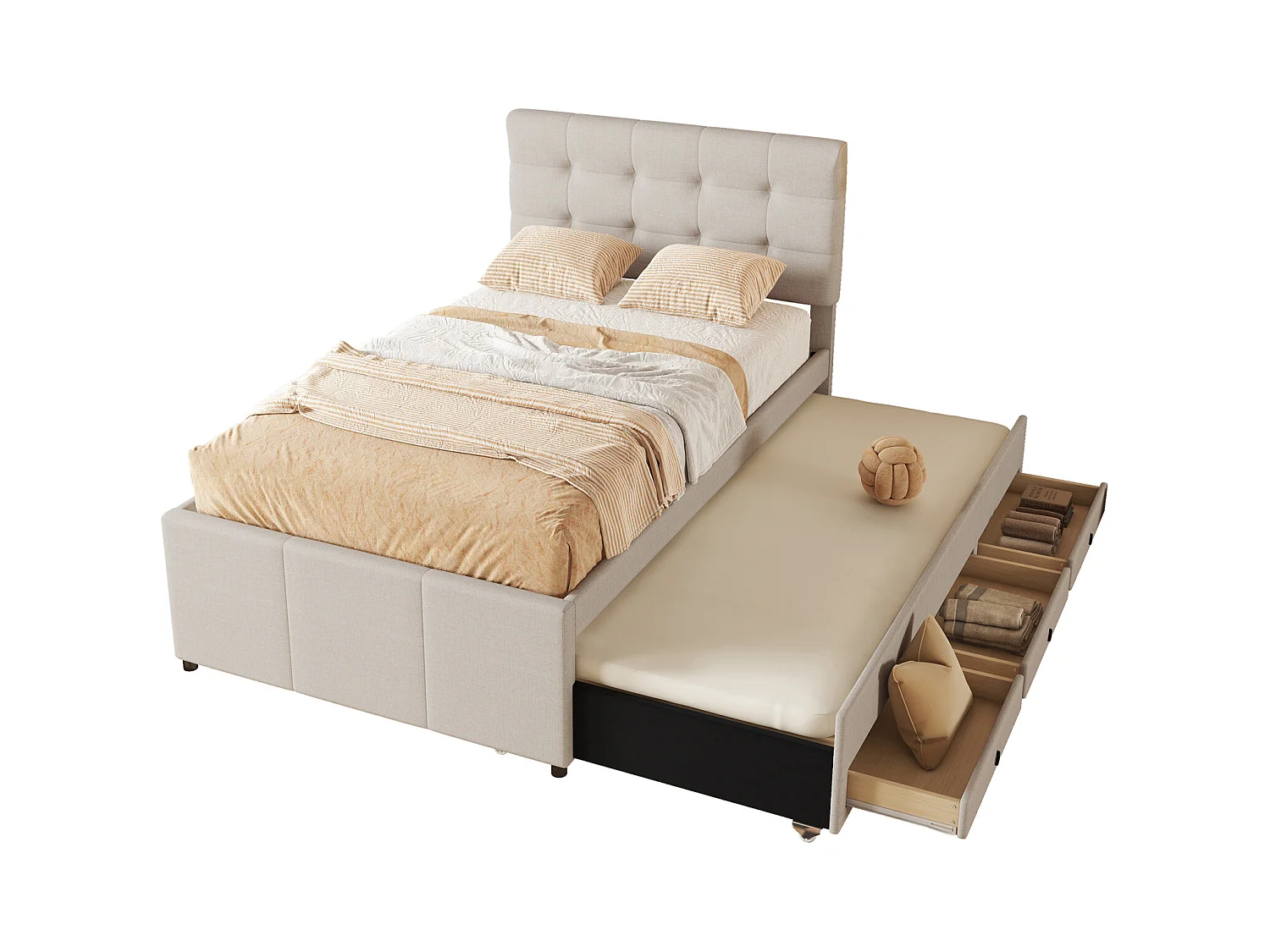 Familienbett 90x200 cm in beigem Stoff - Ausziehbett mit 3 Schubladen, verstellbarem Kopfteil, ohne Matratze