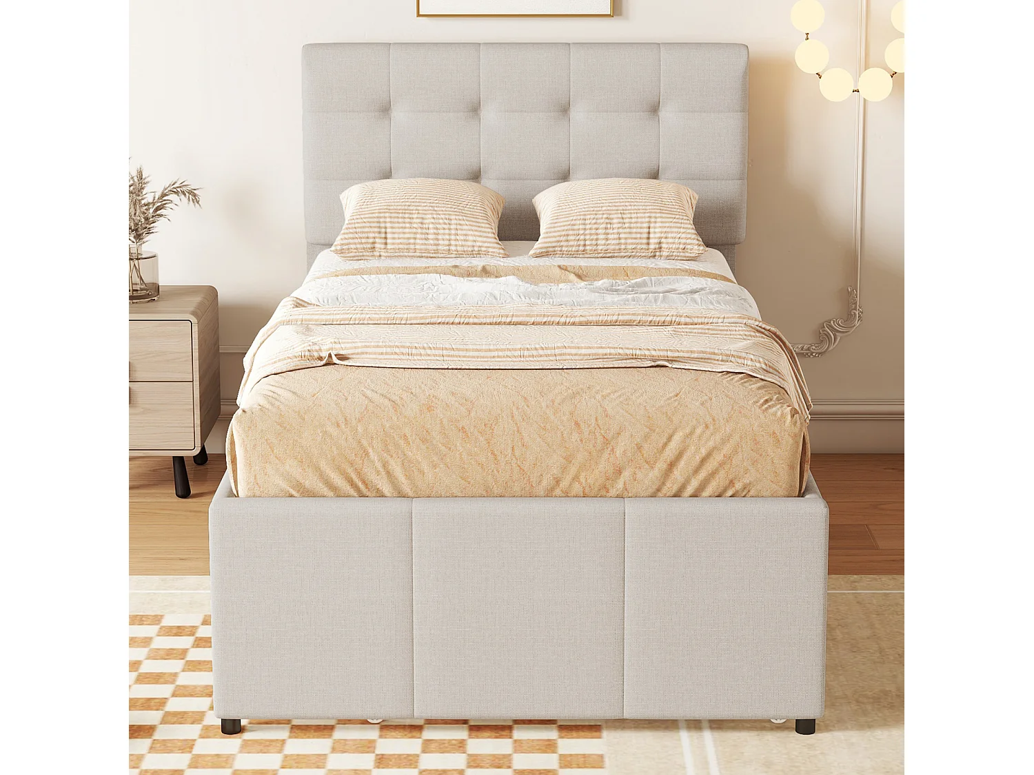 Lit familial 90x200 cm en tissu beige – Lit gigogne avec 3 tiroirs, tête de lit réglable, sans matelas