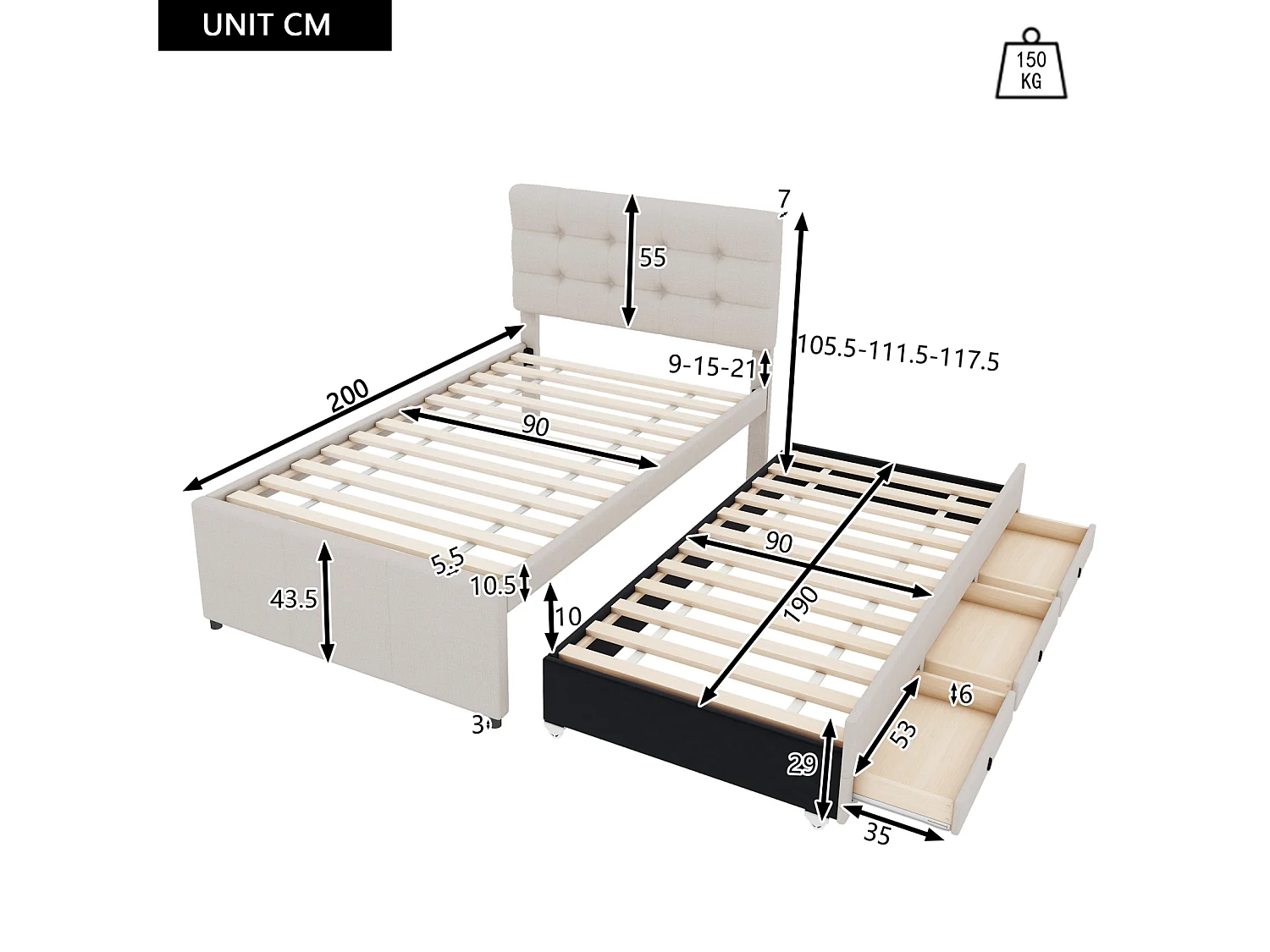 Lit familial 90x200 cm en tissu beige – Lit gigogne avec 3 tiroirs, tête de lit réglable, sans matelas