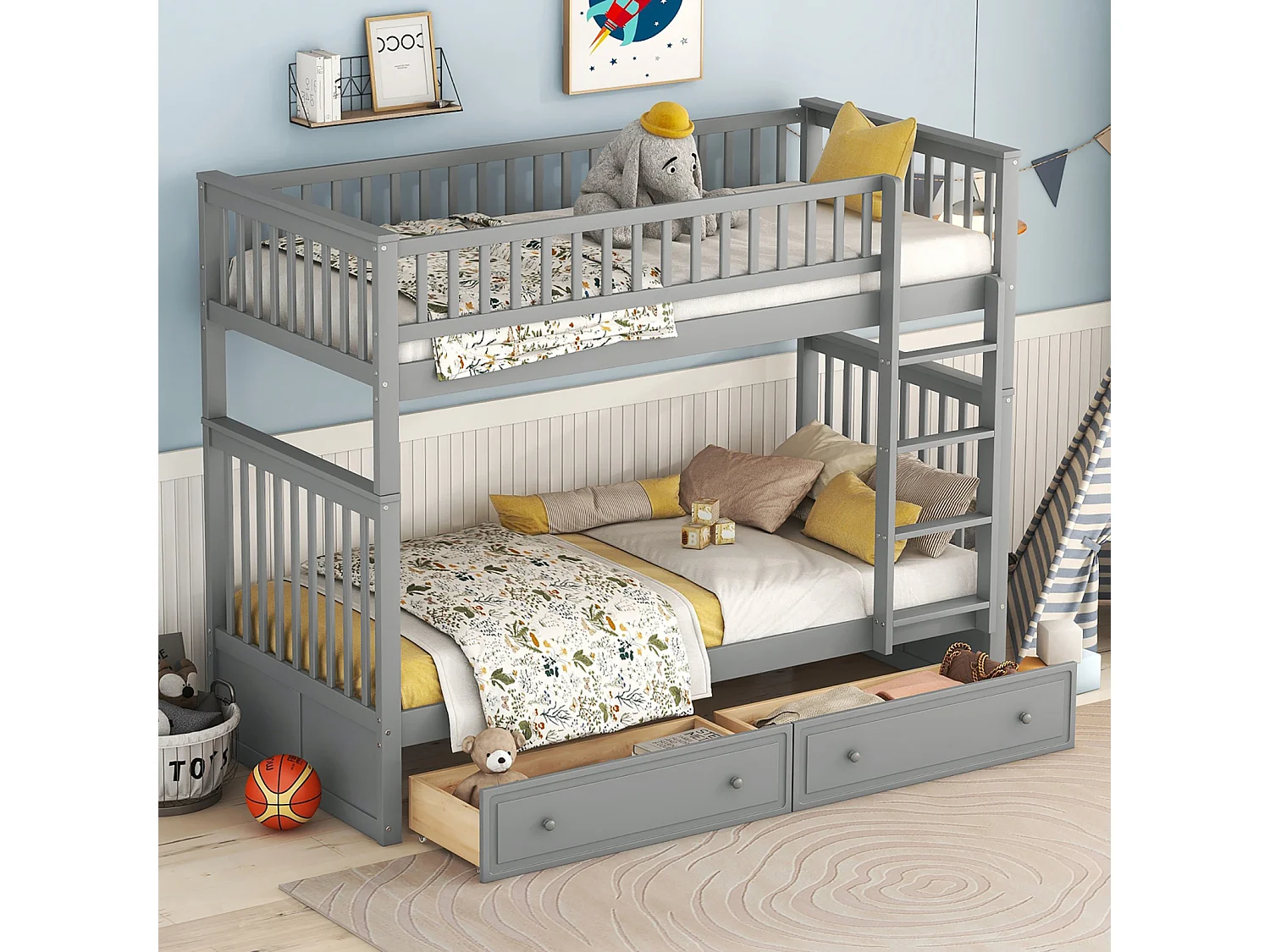 Lit superposé fonctionnel 90x200 cm en bois gris – Avec tiroirs et lit convertible, pour enfants