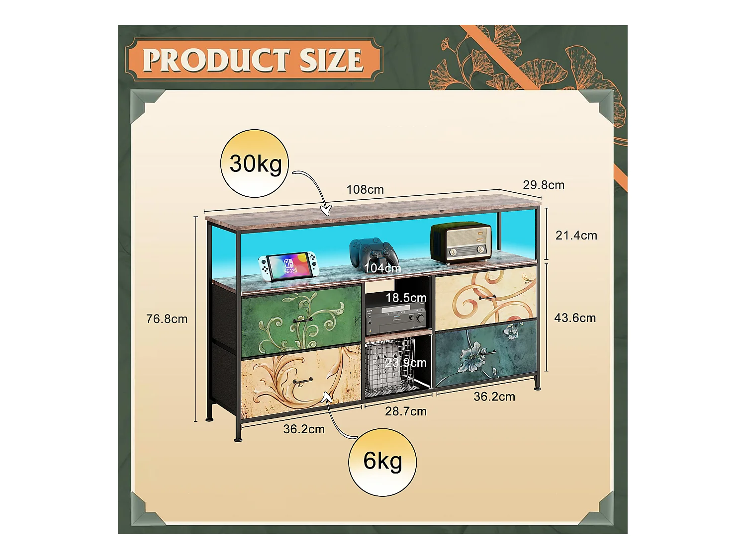 Meuble TV 108 cm avec éclairage LED, 4 tiroirs en tissu imprimé, plateau bois tigre, cadre métal, pieds ajustables