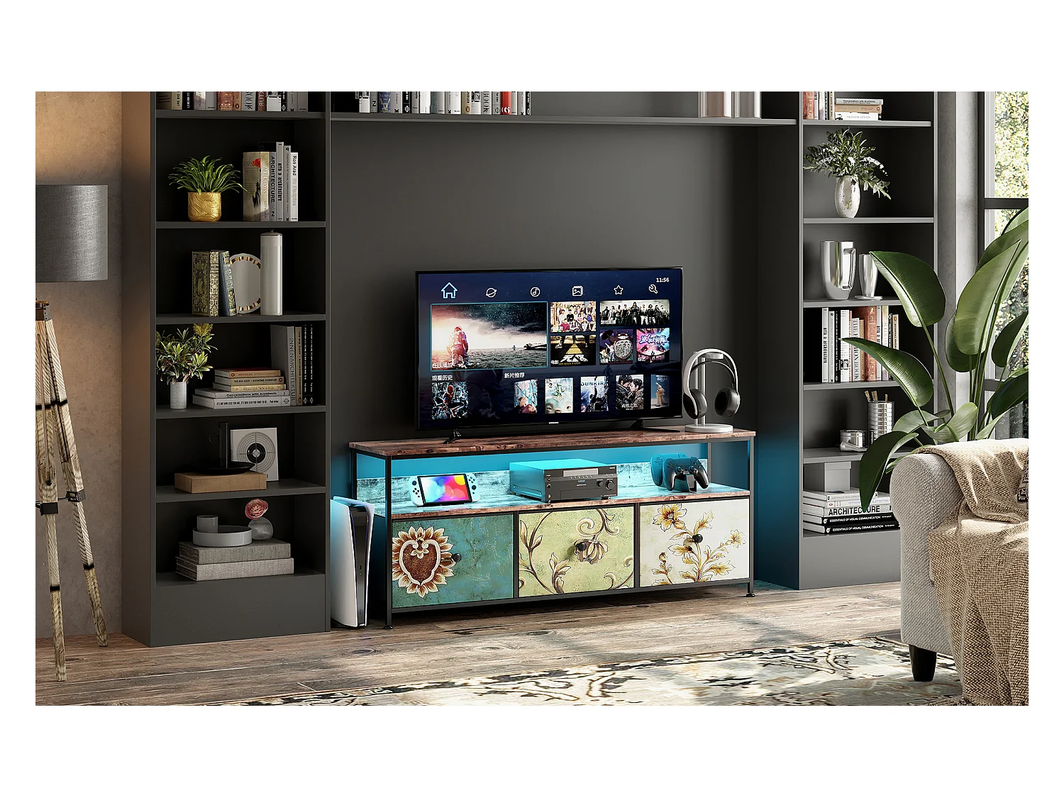 Meuble TV 108 cm avec éclairage LED, 4 tiroirs en tissu imprimé, plateau bois tigre, cadre métal, pieds ajustables