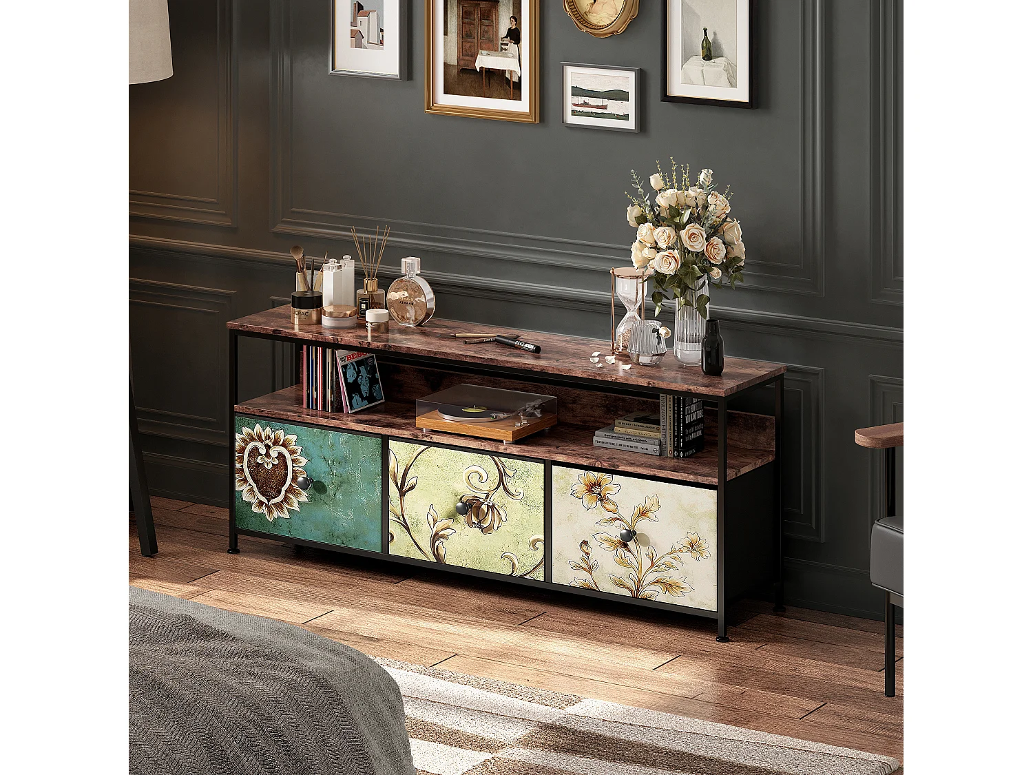 Mueble de TV de 108 cm con iluminación LED, 4 cajones de tela estampada, tablero imitación madera de tigre, estructura metálica, patas ajustables.