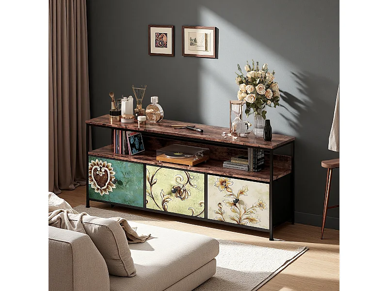 Mueble de TV de 108 cm con iluminación LED, 4 cajones de tela estampada, tablero imitación madera de tigre, estructura metálica, patas ajustables.