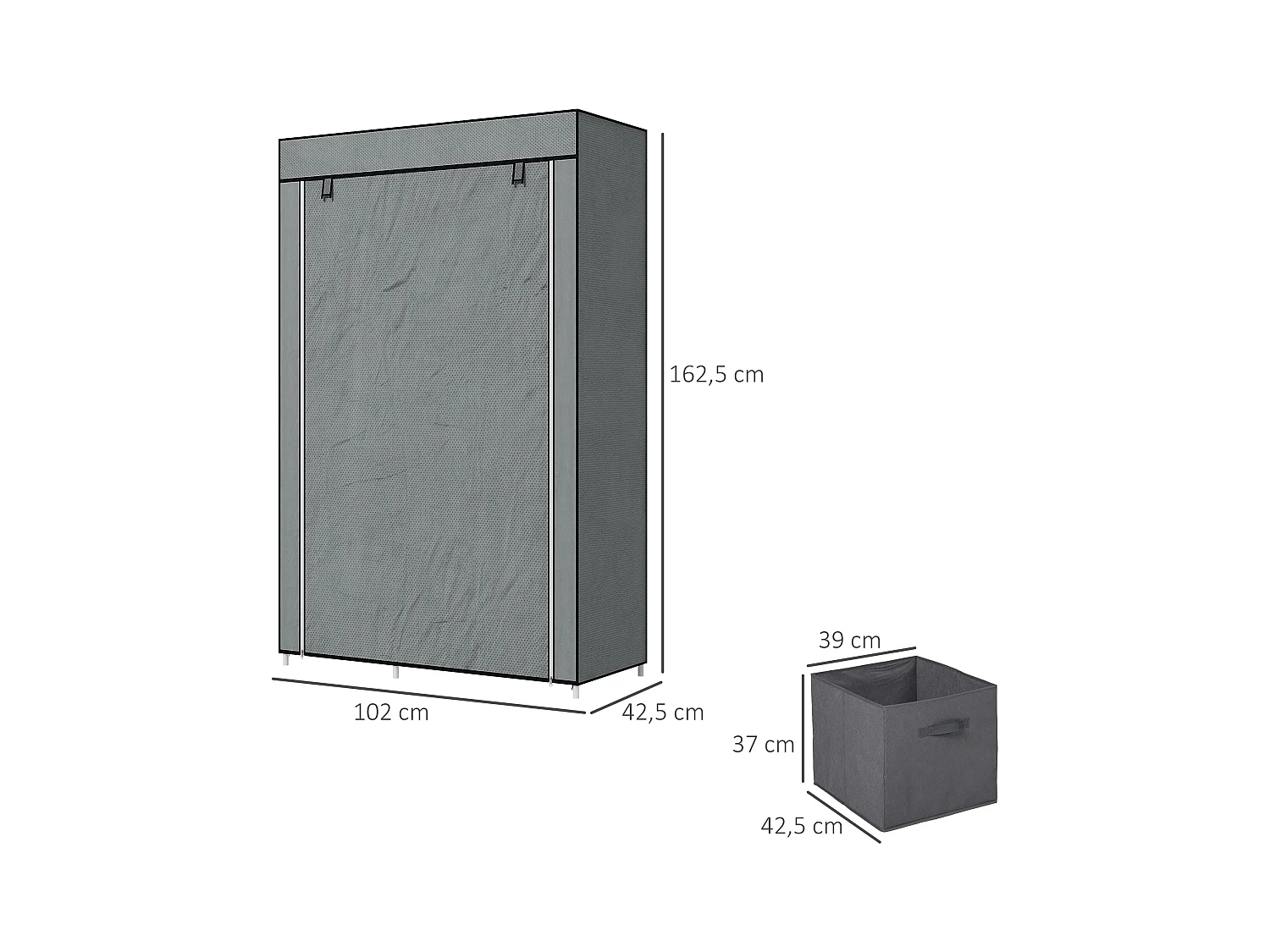 Armoire pliante en tissu gris foncé avec tiroirs, tringle et fermeture éclair – pratique et gain de place pour chambre ou couloir