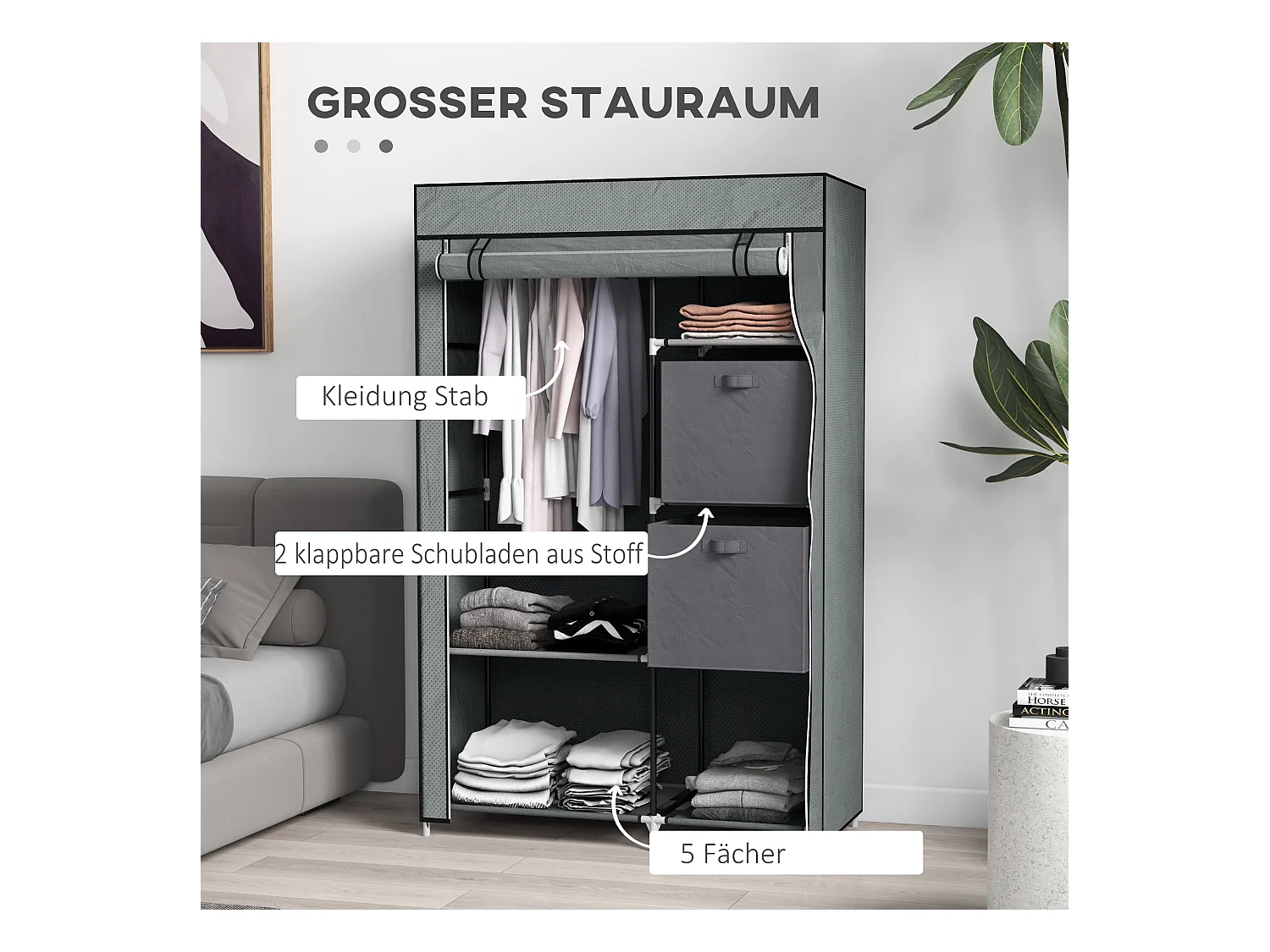 Armoire pliante en tissu gris foncé avec tiroirs, tringle et fermeture éclair – pratique et gain de place pour chambre ou couloir