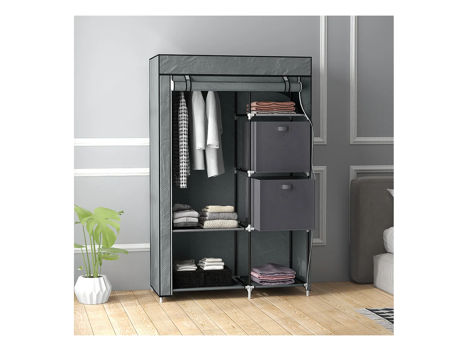 Armoire pliante en tissu gris foncé avec tiroirs, tringle et fermeture éclair – pratique et gain de place pour chambre ou couloir