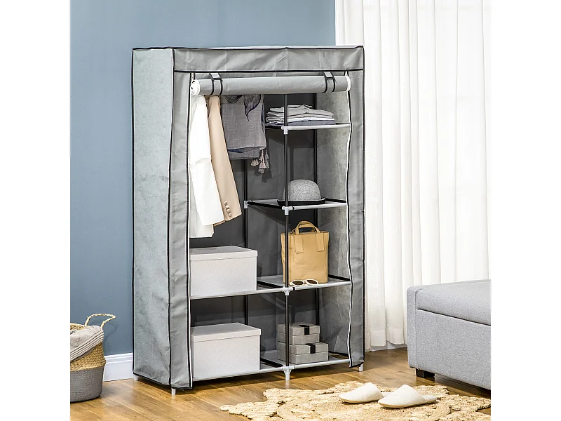 Grijze stoffen opvouwbare kledingkast met 6 compartimenten - 103 x 43 x 162,5 cm, praktisch en ruimtebesparend voor slaapkamer of hal