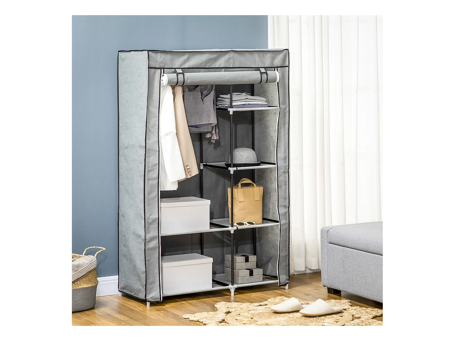Armoire pliante en tissu gris avec 6 compartiments – 103 x 43 x 162,5 cm, pratique et gain de place pour chambre ou couloir