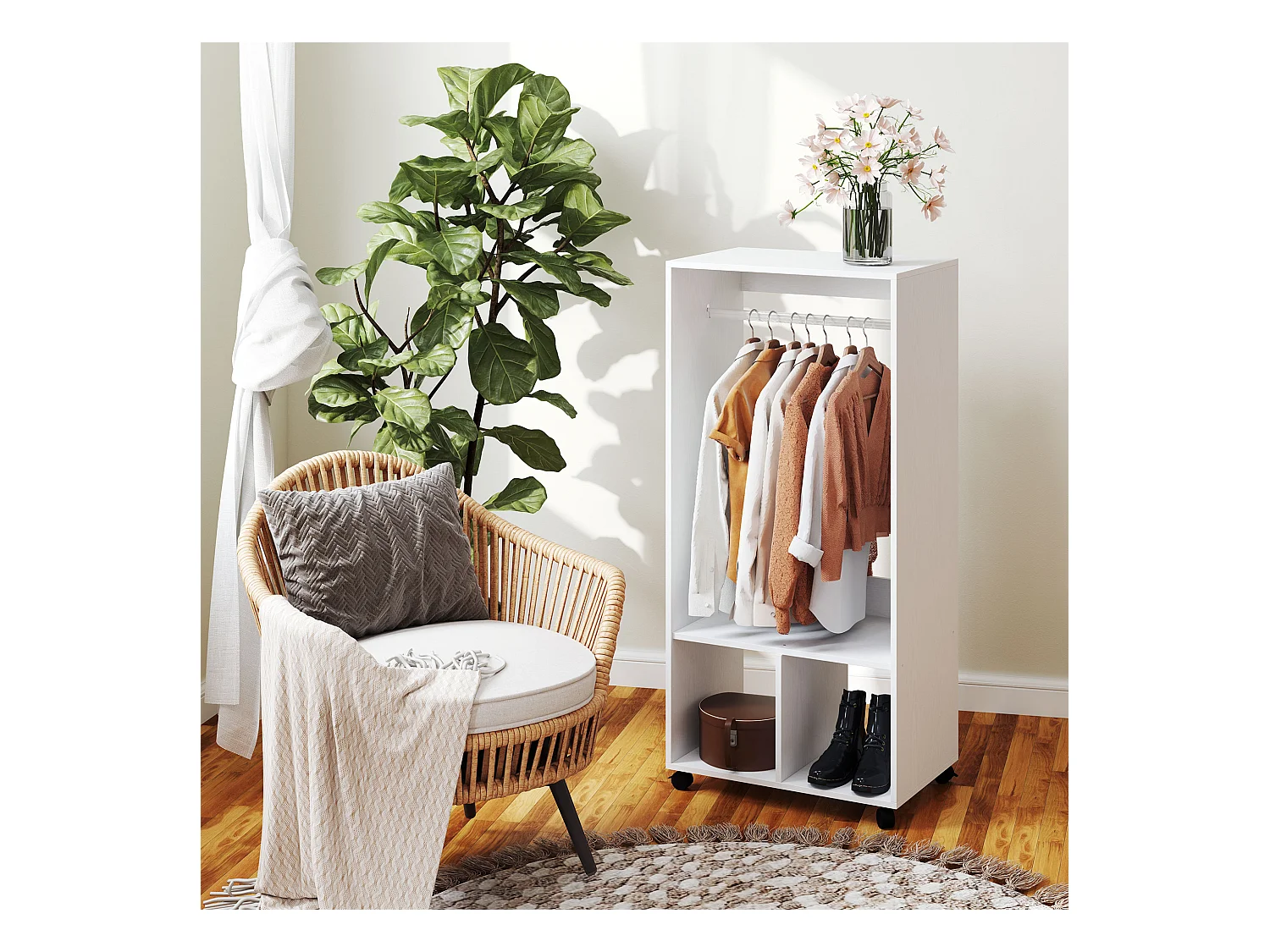 Armoire mobile avec étagères et 4 roulettes – Aluminium, blanc, 60 x 40 x 127 cm, pratique et polyvalente pour salon et chambre