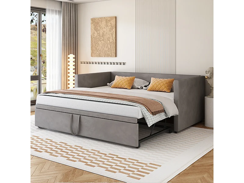 Schlafsofa 90/180x200 cm in Samt grau – Ausziehbett mit Lattenrost, komfortables Multifunktionsbett