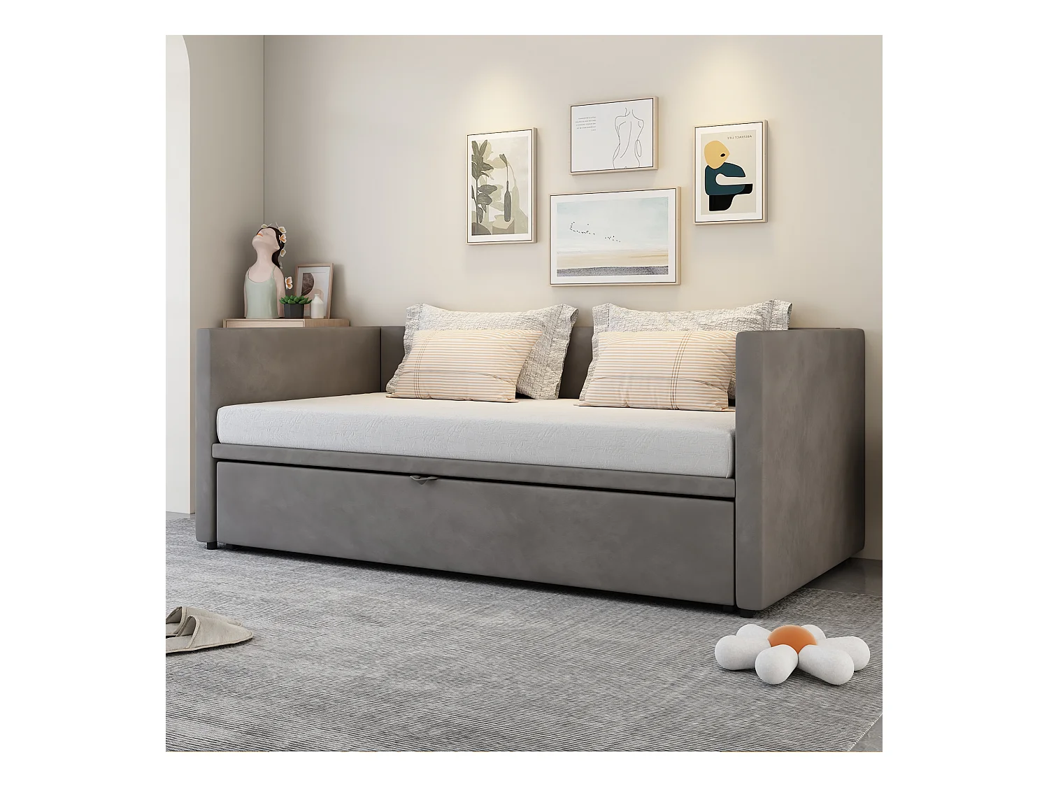 Schlafsofa 90/180x200 cm in Samt grau – Ausziehbett mit Lattenrost, komfortables Multifunktionsbett