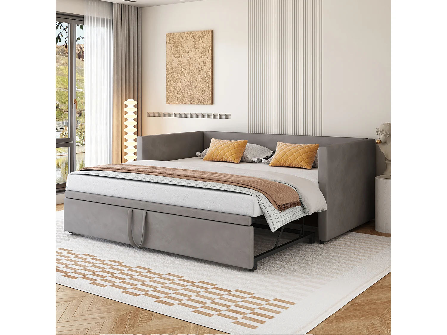 Divano letto 90/180x200 cm in velluto grigio – Letto estraibile con rete a doghe, comodo letto multifunzionale