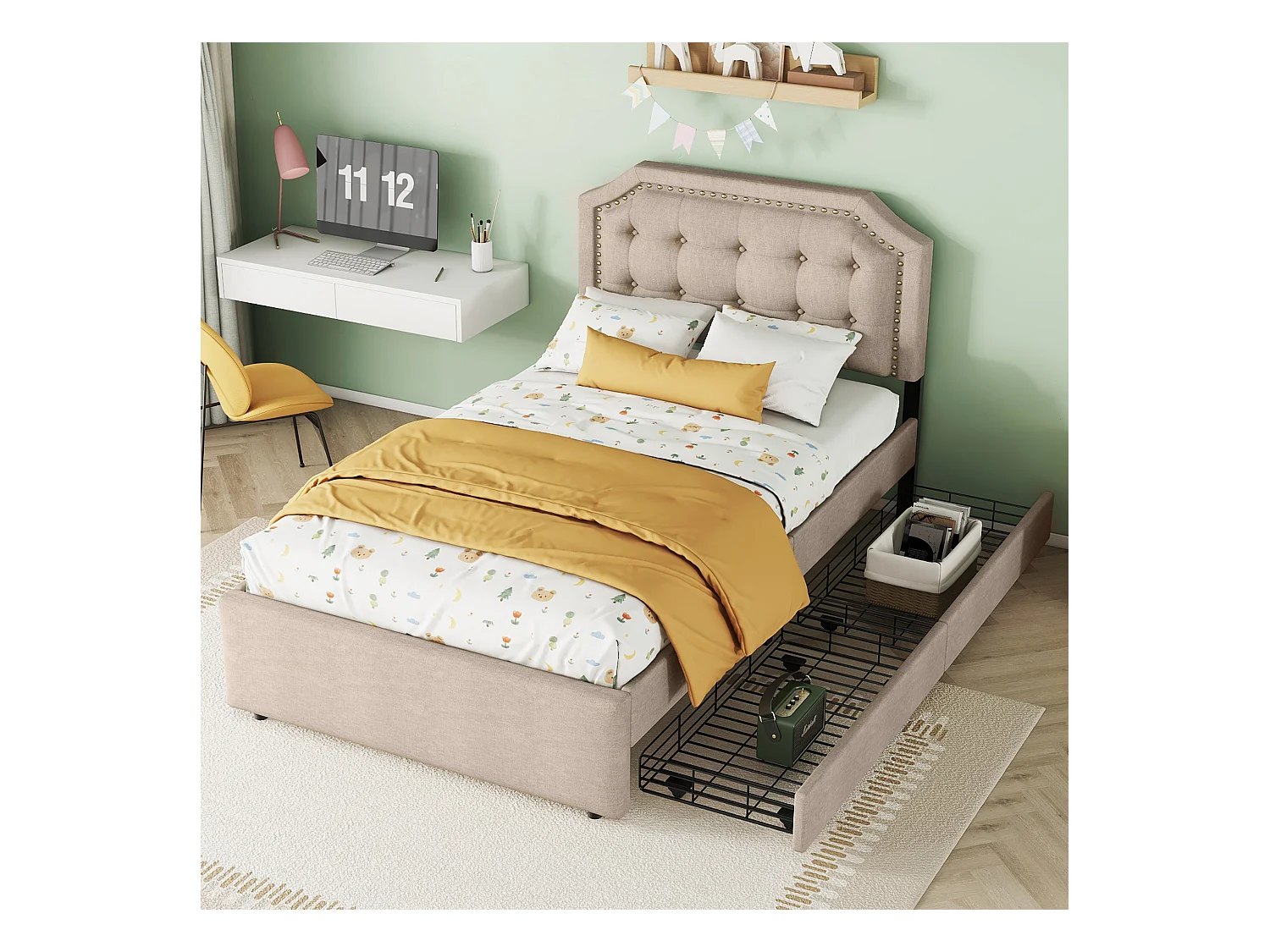 Einzelbett 90x200 cm, gepolstert in Dunkelbeige – Kopfteil mit Nieten und Doppelschubladen