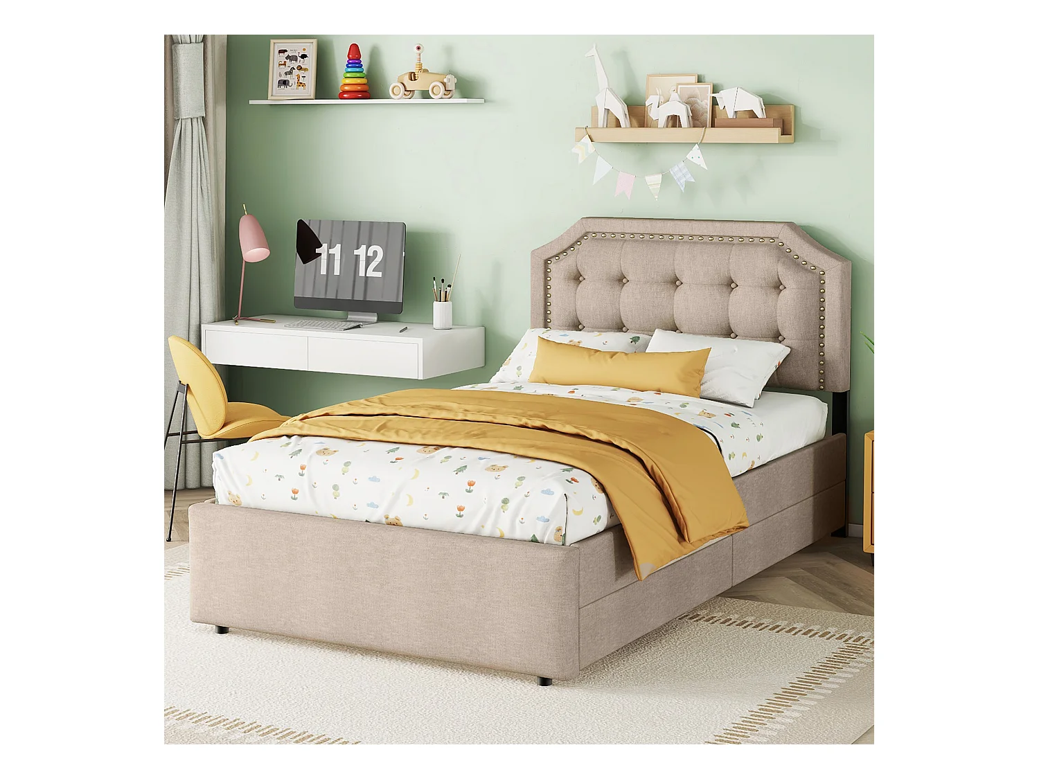 Einzelbett 90x200 cm, gepolstert in Dunkelbeige – Kopfteil mit Nieten und Doppelschubladen