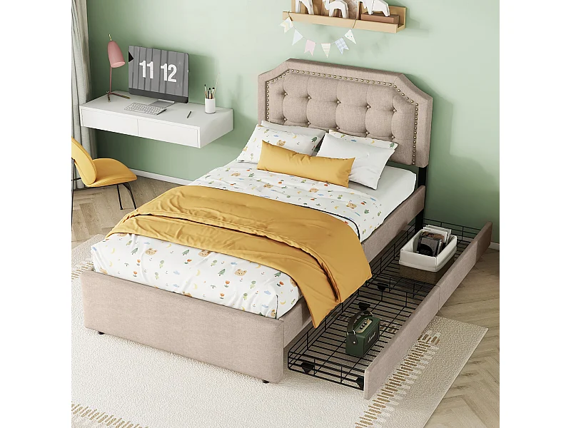 Eenpersoonsbed 90x200 cm gestoffeerd in donkerbeige – Hoofdbord met studs en dubbele lades