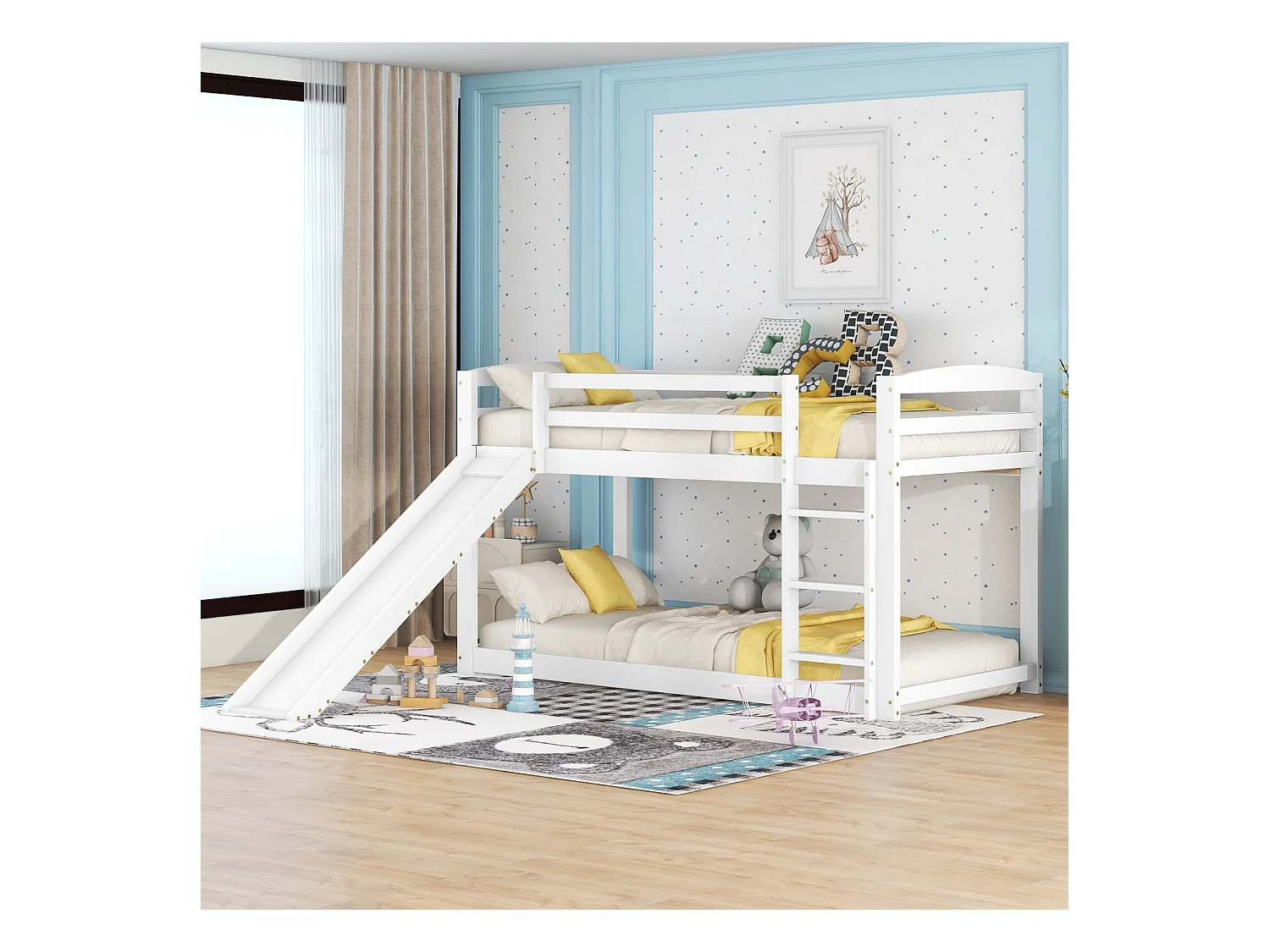 Litera para niños y adolescentes con tobogán - Estructura de madera maciza blanca, fácil montaje, 90x200 cm