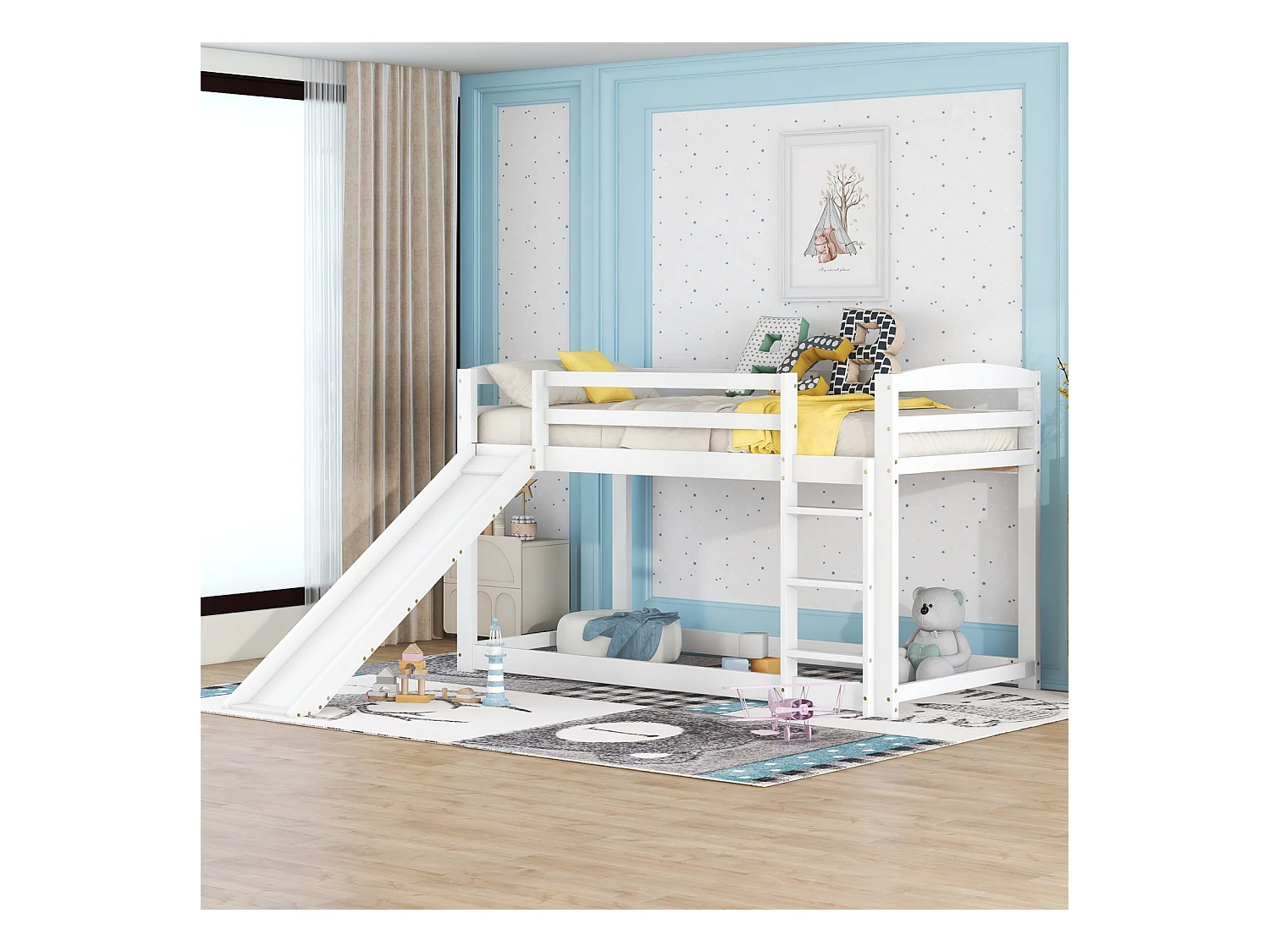 Litera para niños y adolescentes con tobogán - Estructura de madera maciza blanca, fácil montaje, 90x200 cm