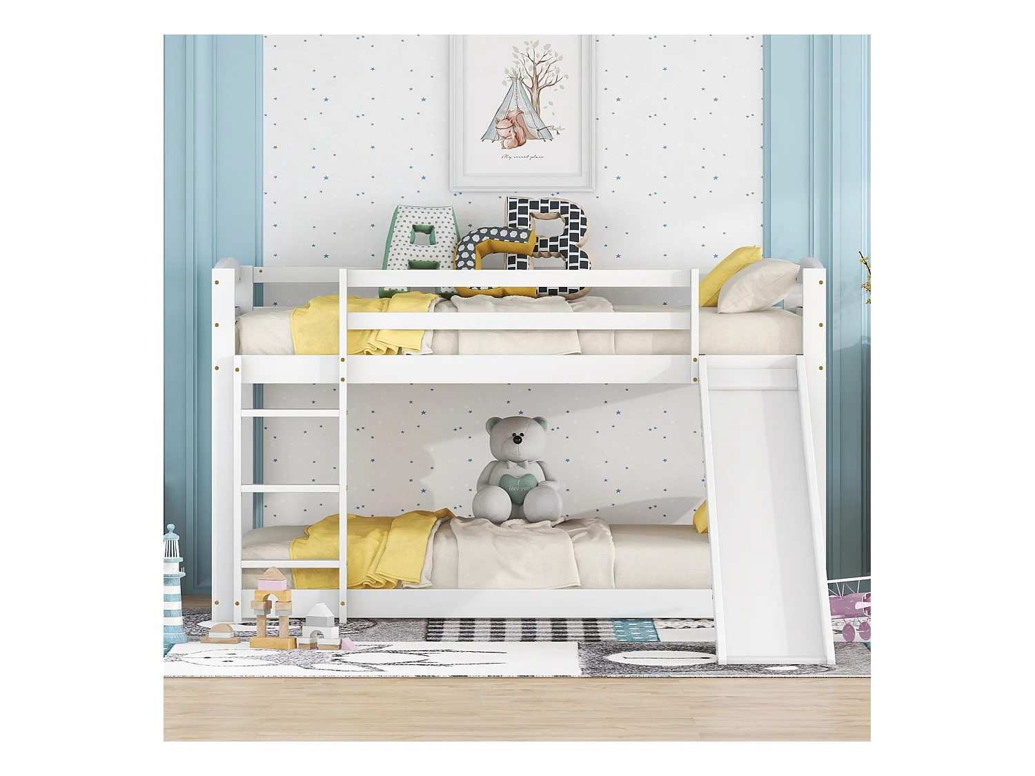 Litera para niños y adolescentes con tobogán - Estructura de madera maciza blanca, fácil montaje, 90x200 cm