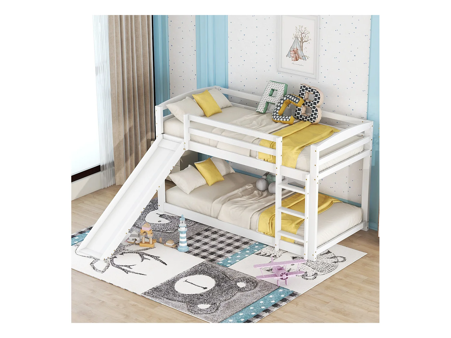Litera para niños y adolescentes con tobogán - Estructura de madera maciza blanca, fácil montaje, 90x200 cm